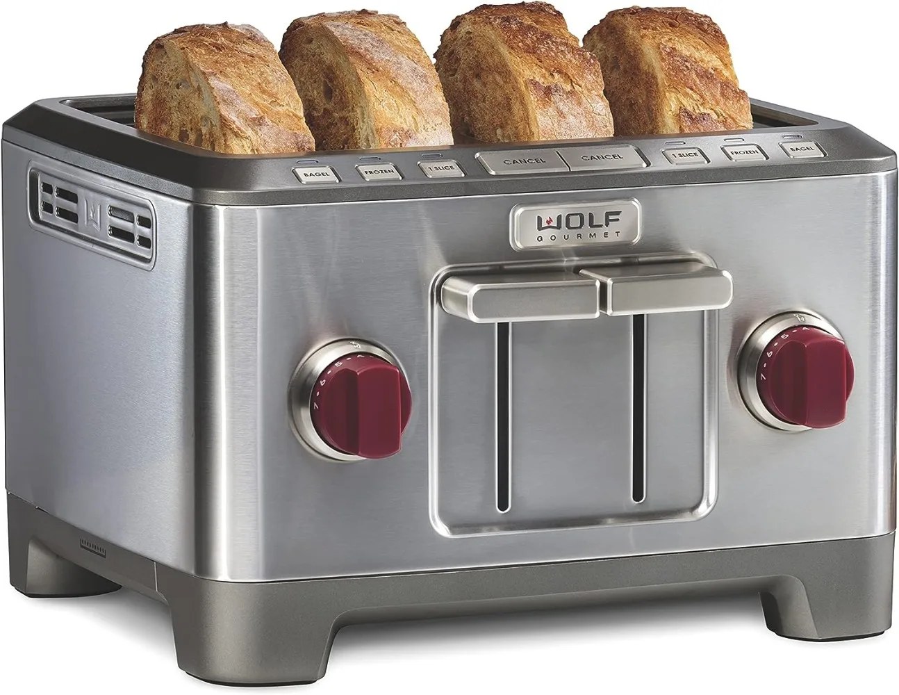 

Wolf Gourmet 4-Slice Extra-Wide Slot Toaster with Shade Selector, Bagel and Defrost Settings, Red Knob,Stainless Steel(WGTR154S)