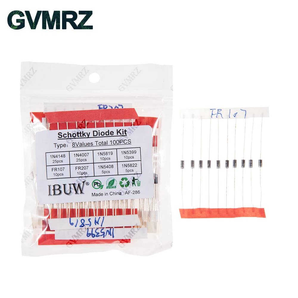 100PCS 8Values Schottky Diode Kit 1N4148 1N4007 1N5819 1N5399 FR107 FR207 1N5408 1N5822 for Electronic Projects Rectification