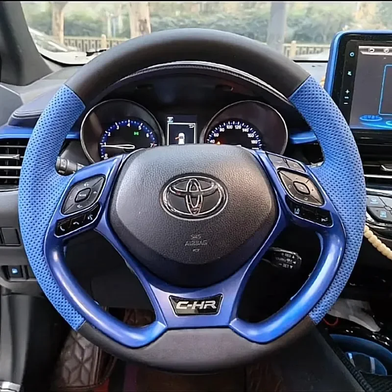 Ręcznie szyty czarny niebieski antypoślizgowy pokrowiec na kierownicę z prawdziwej skóry do Toyoty C-HR CHR 2016-2019
