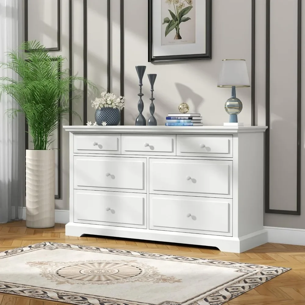 7 Drawers White Double Dressers Chests for Bedroom, Large Storage Dressers Organizer for Bedroom, Long Dresser Tv Stand