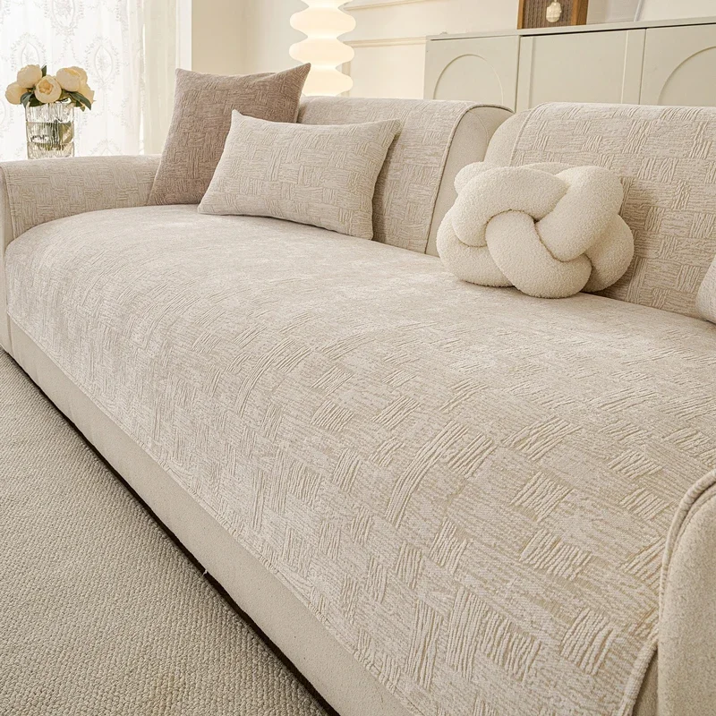 Nordic Cream Style Minimalist Chenille Sofa Pad, Non-Slip Soft Elegant Warm Couch Mat for Living Room Home Decor