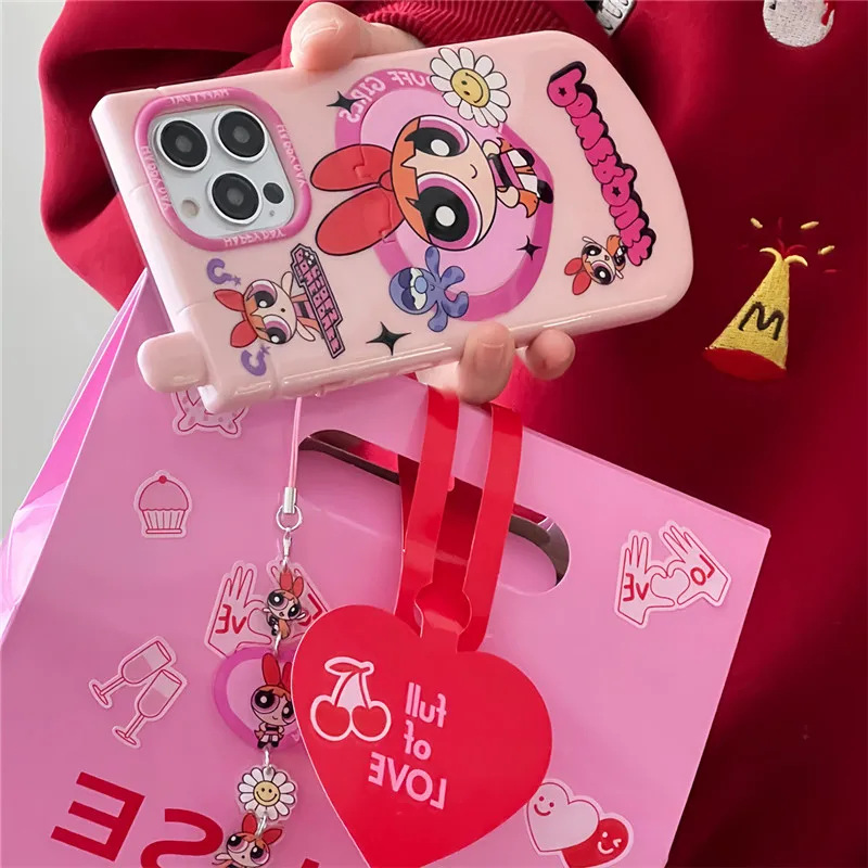 Cartoon Powerpuff Girls Cute Retro Phone Case For iPhone 15 Pro Max 11 12 13 14 15Pro Max Pendant Makeup Mirror Cover