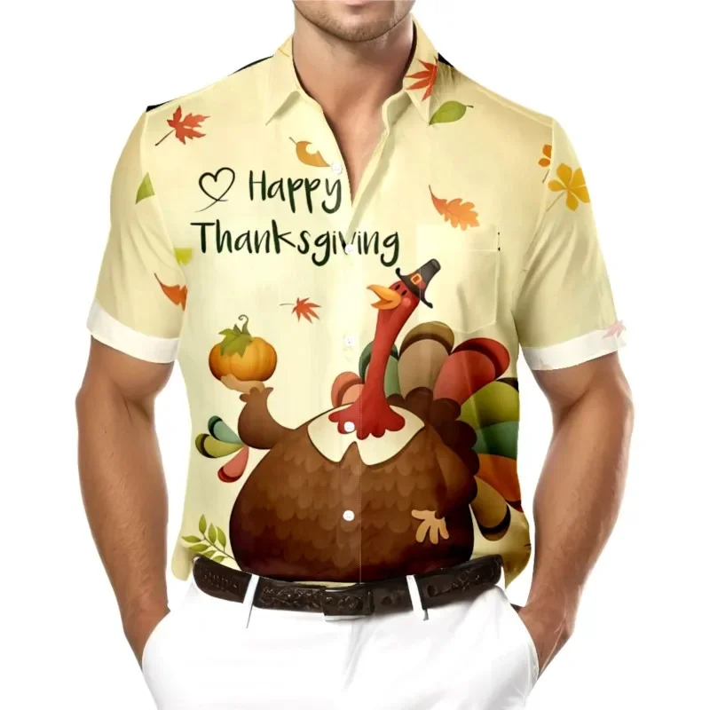 Thanksgiving Day Turkeys Printed Chest Pocket Hawaiian Shirt Casual Daily Short Sleeve Shirt Clothing Tops