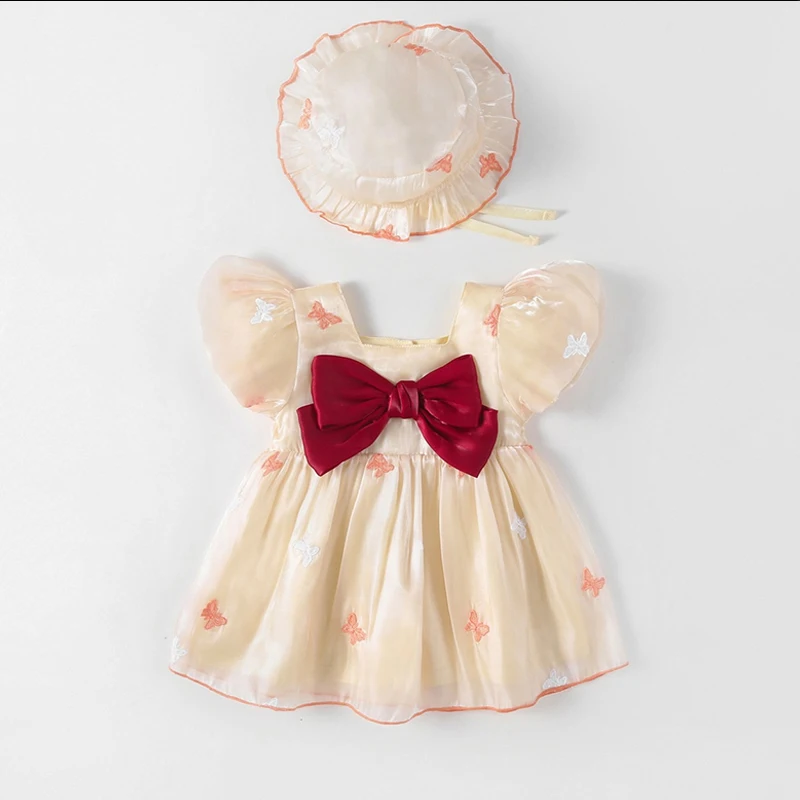 2 pieces New Baby set Dress Summer Girl Baby Short Sleeve Baby Dress Girl Flower Clothes Sweet Bowknot Cute Baby Girl Dress+hat