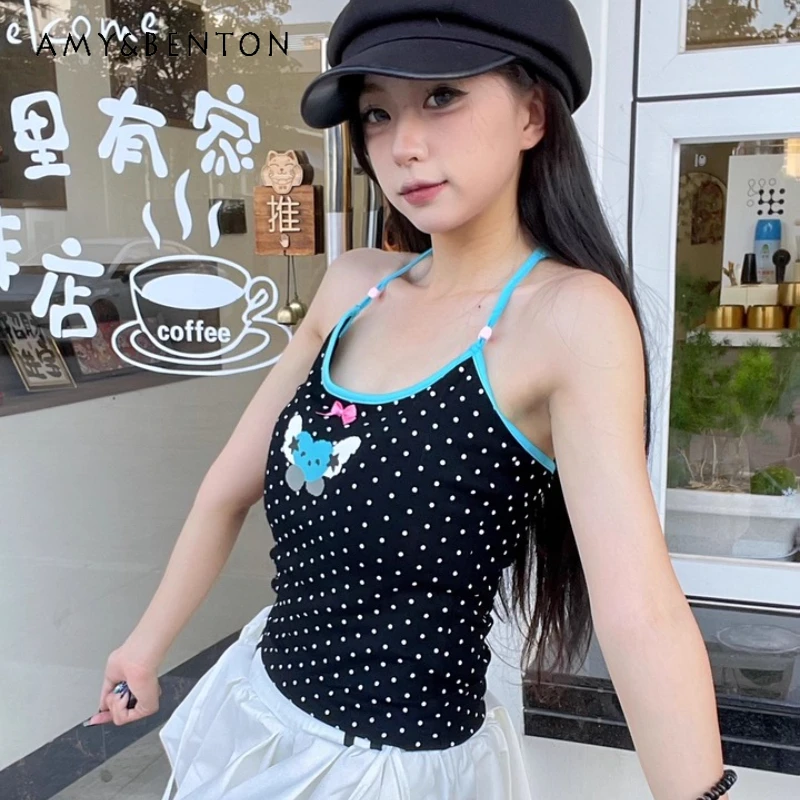 

2025 Summer Cute Polka Dot Tie Halter Neck Women's vest Japanese Style New 3D Star Sweet Bowknot Age Reduction Sling Top Ladies