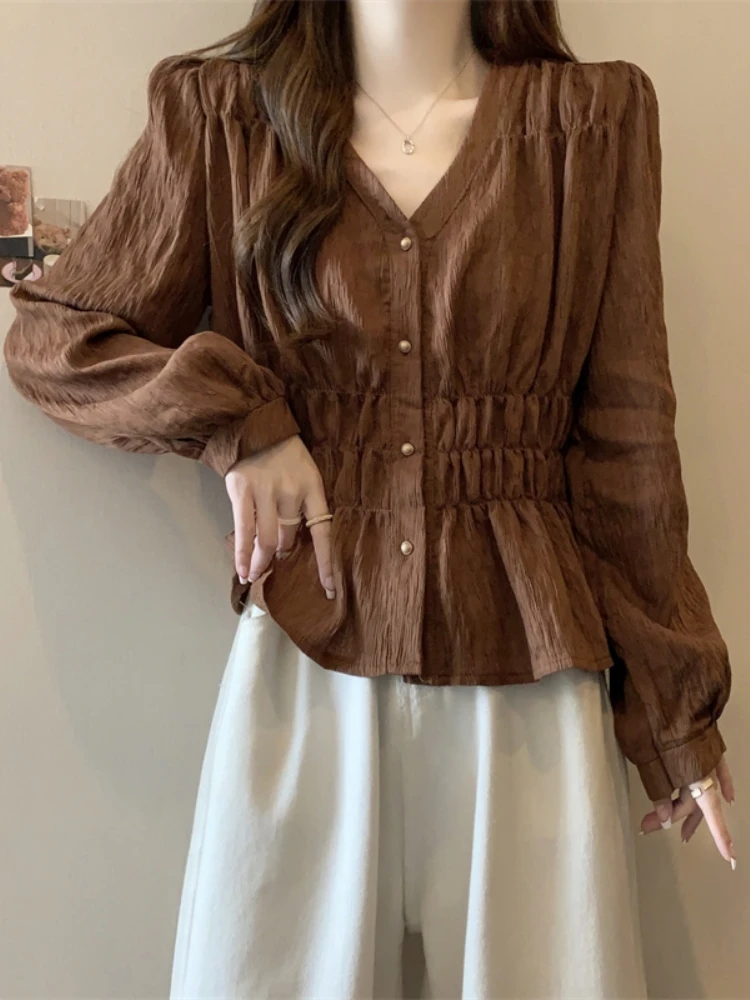 Slim Fit V-Neck Long Sleeve Shirt Women's Spring Autumn plus Size Short European Style Top Gathered Waist Hiding Belly Button-Up