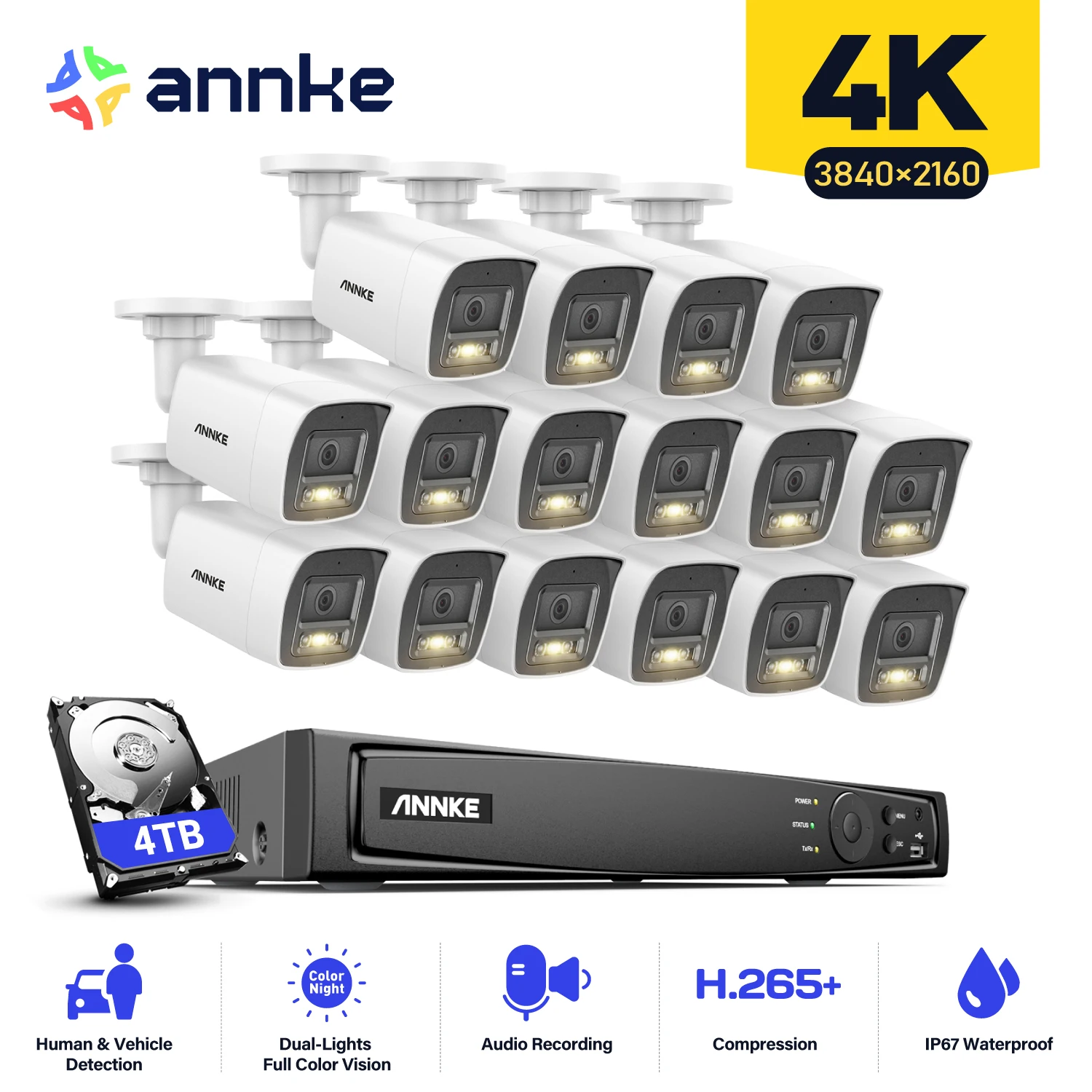 

ANNKE ANP1600 16CH 4K Ultra HD POE Network Video Security System H.265+ NVR With 16Pcs 8MP Night Vision Outdoor IP Camera Kits