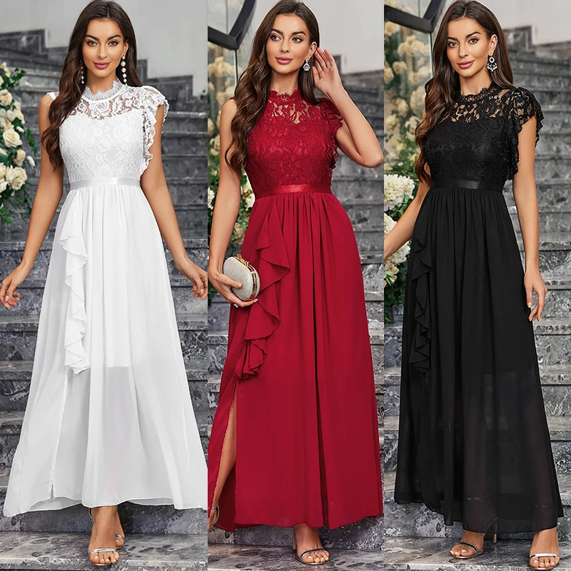 

2024 Women's Elegant Long Maxi Dress High Waist Round Neck Party Wedding Fashion Dress Robe Vintage Spliced Lace Chiffon Dress