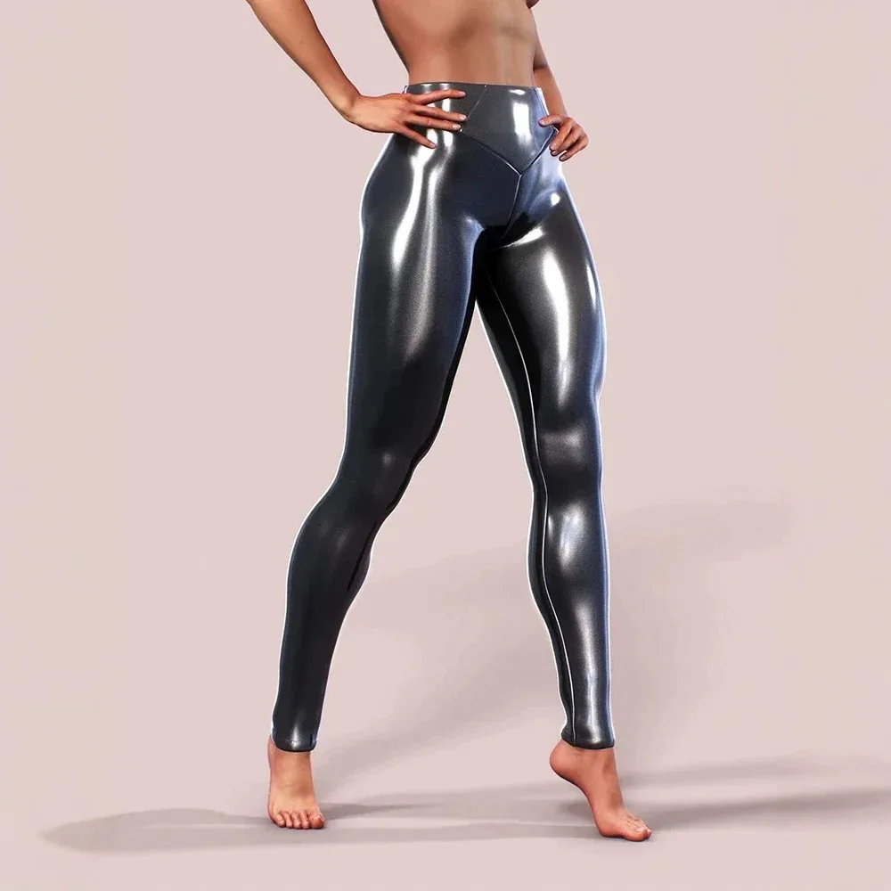 Sexy Tight PU Leather Pants High Waist Base Layer Pants Grey Shiny Surface Women's Fashion Bottoming Trousers
