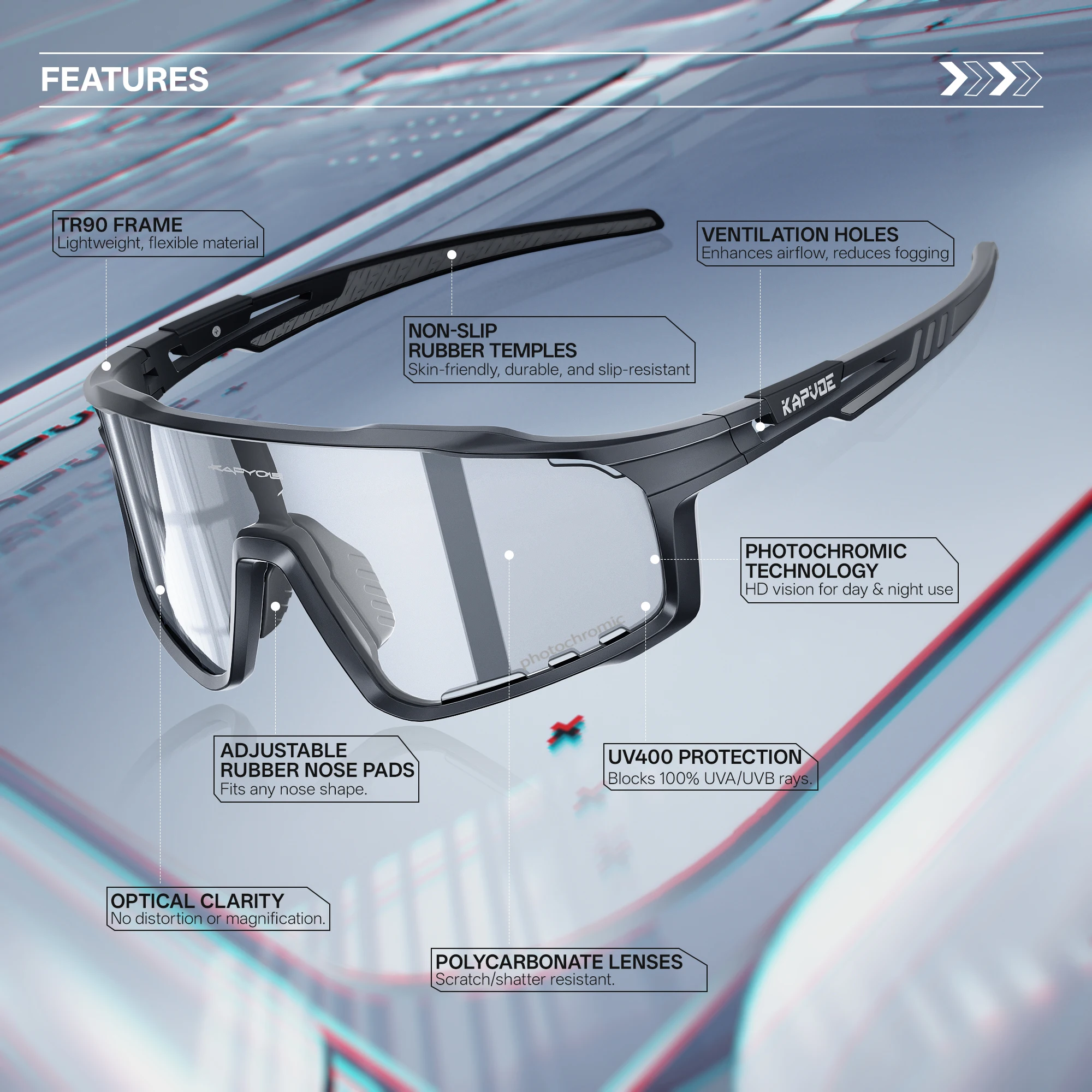 Kapvoe Photochromic Cycling Glasses MTB Sunglasses for Men Women Sport Speed Road Mountain Bike Bicycle Cycl Eyewear Goggle