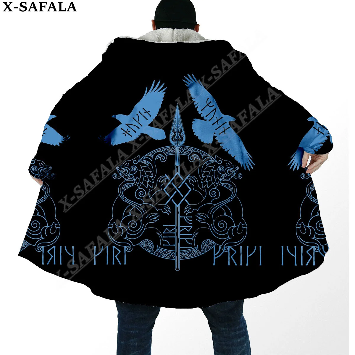 Wolf Raven Tattoo Symbol Viking Odin Tree of Life Overcoat Coat 3D Print Thick Warm Hooded Cloak  Men Windproof Fleece Unisex-8