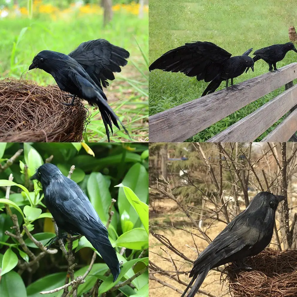 Simulierter schwarzer Krähen-Vogel als Vogelabwehr für den Außenbereich, Garten, Halloween-Party-Requisite, Gothic-Grusel-Dekoration, Ornament – Detail 7