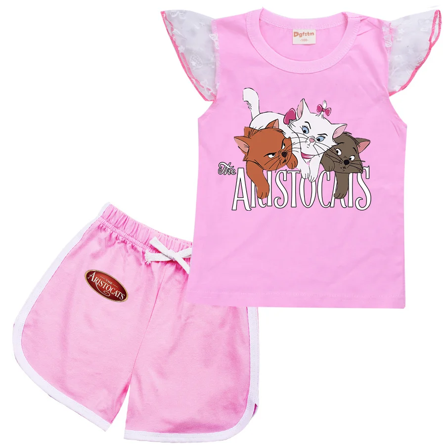 The Aristocats Marie Cat Cartoon Clothing Baby Boys Summer Clothes T-shirt+shorts Baby Girls Casual Clothing Sets