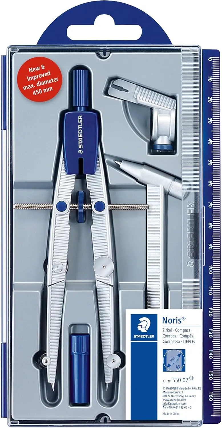 Staedtler Noris Club 550 02 School Compass with Centre Wheel Set with Extension Bar, Universal Adapter and Lead Box
