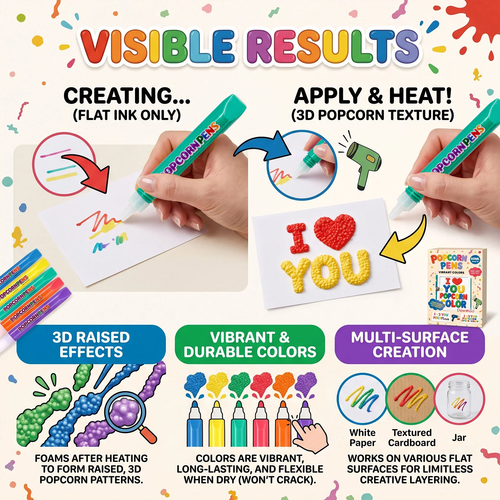 Dowmoo 6‑color Popcorn Pen Create Raised Puffy Bubble Texture Fun Hand‑drawing DIY Art Supplies 3D Bubble Puffy Paint Marker Set