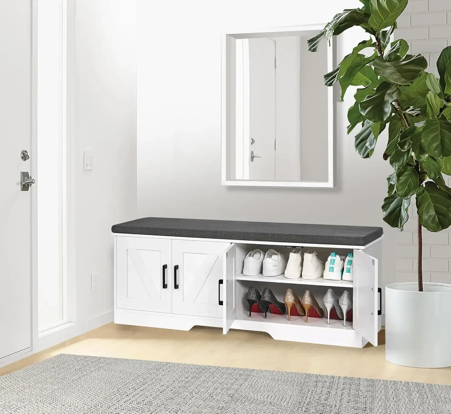 2-Tier Storage Bench, Shoe Bench with Padded Seat Cushion, Entryway Bench with 2 Barn Doors, Adjustable Shelf