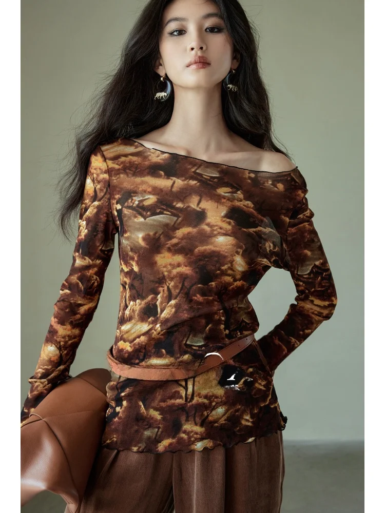 

Wangxo Heavyweight Elastic Thread Precision Cut Print One Shoulder Slim Fit Women's Top Korean Style Commute Fashion Summer T...