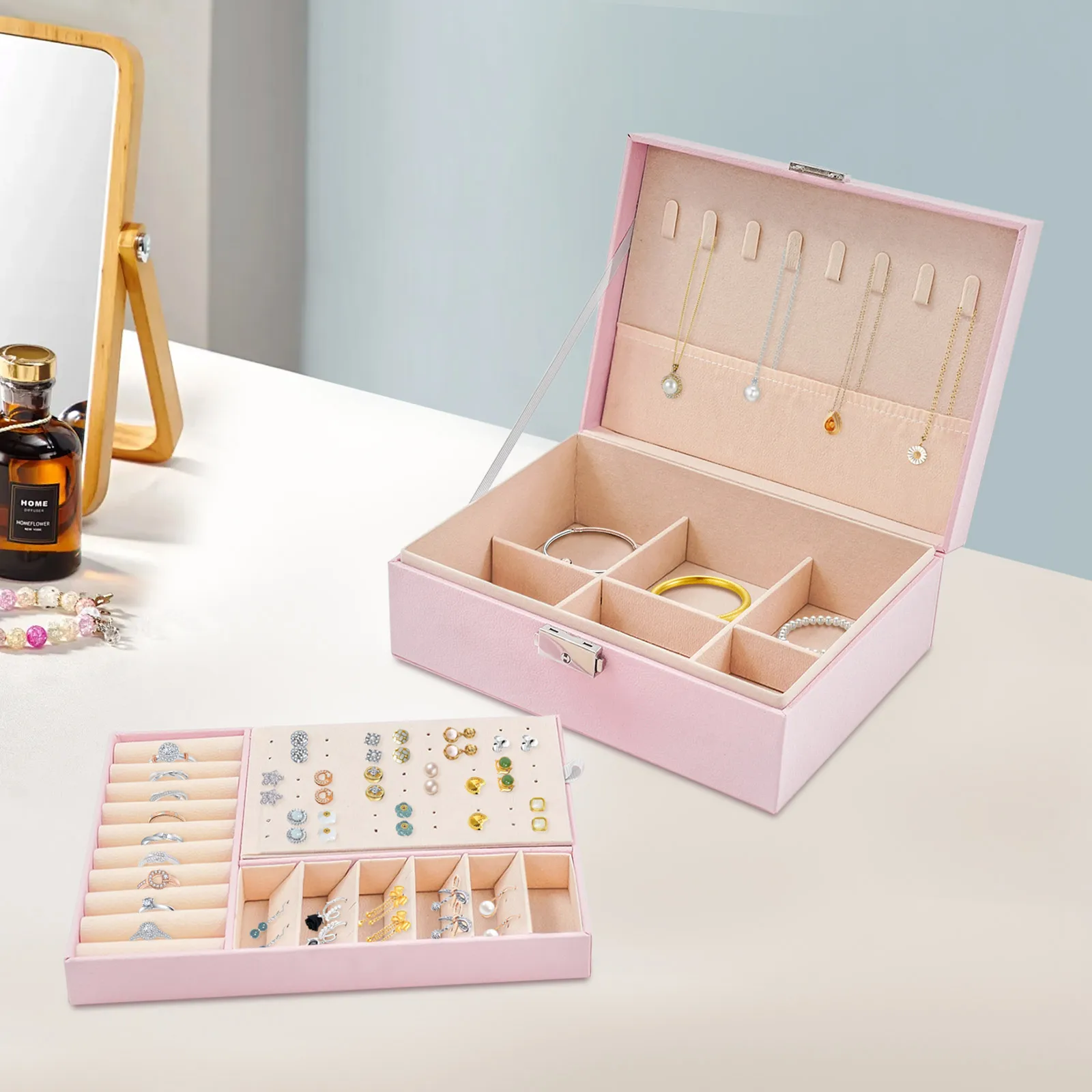 2-lagige abschließbare Schmuckaufbewahrungsbox mit herausnehmbaren Trennwänden, Schreibtisch-Organizer für Ringe, Ohrringe, Armbänder, Halsketten, Broschen, für den täglichen Schmuckaufbewahrungszweck auf dem Schminktisch zu Hause. – Detail 16