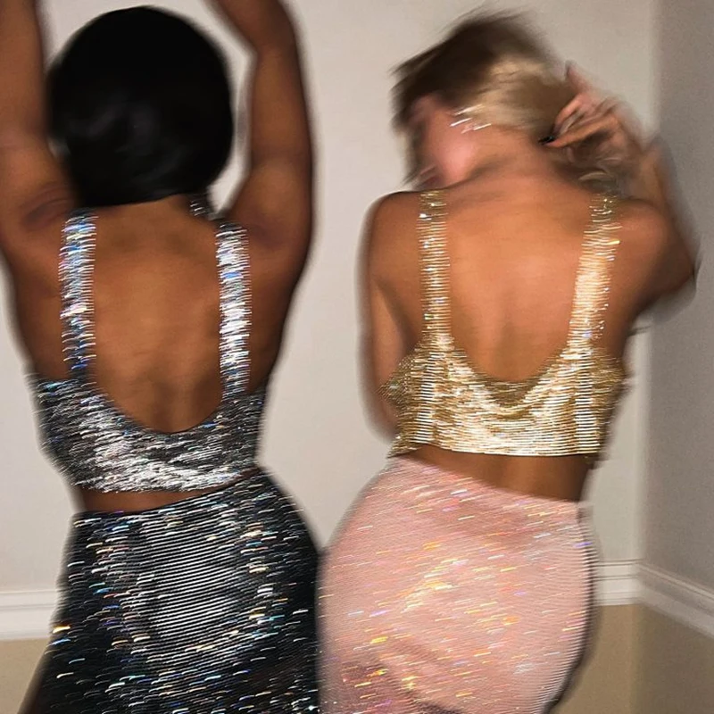 Sparkly Diamond Sexy V Neck Women Crop Tops Backless Spaghetti Strap Festival Party Tank Top Nightclub Rave Rhinestone Camis