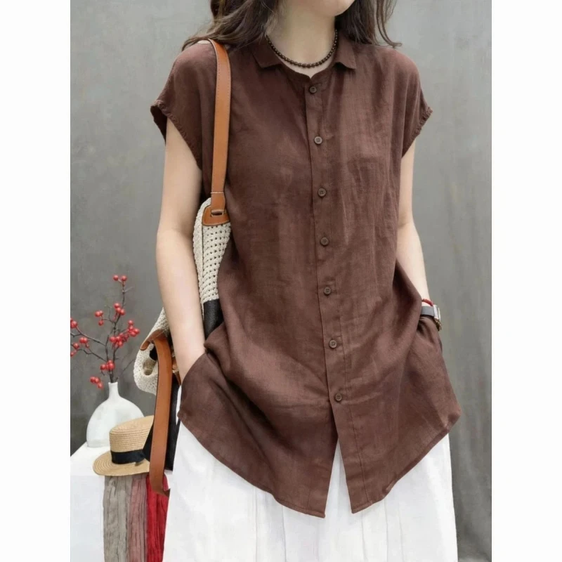Blusa de Oficina para Mujer, Manga Corta, Cuello Polo, Estilo Sencillo con Botones, Holgada, Vintage, Informal, a la Moda