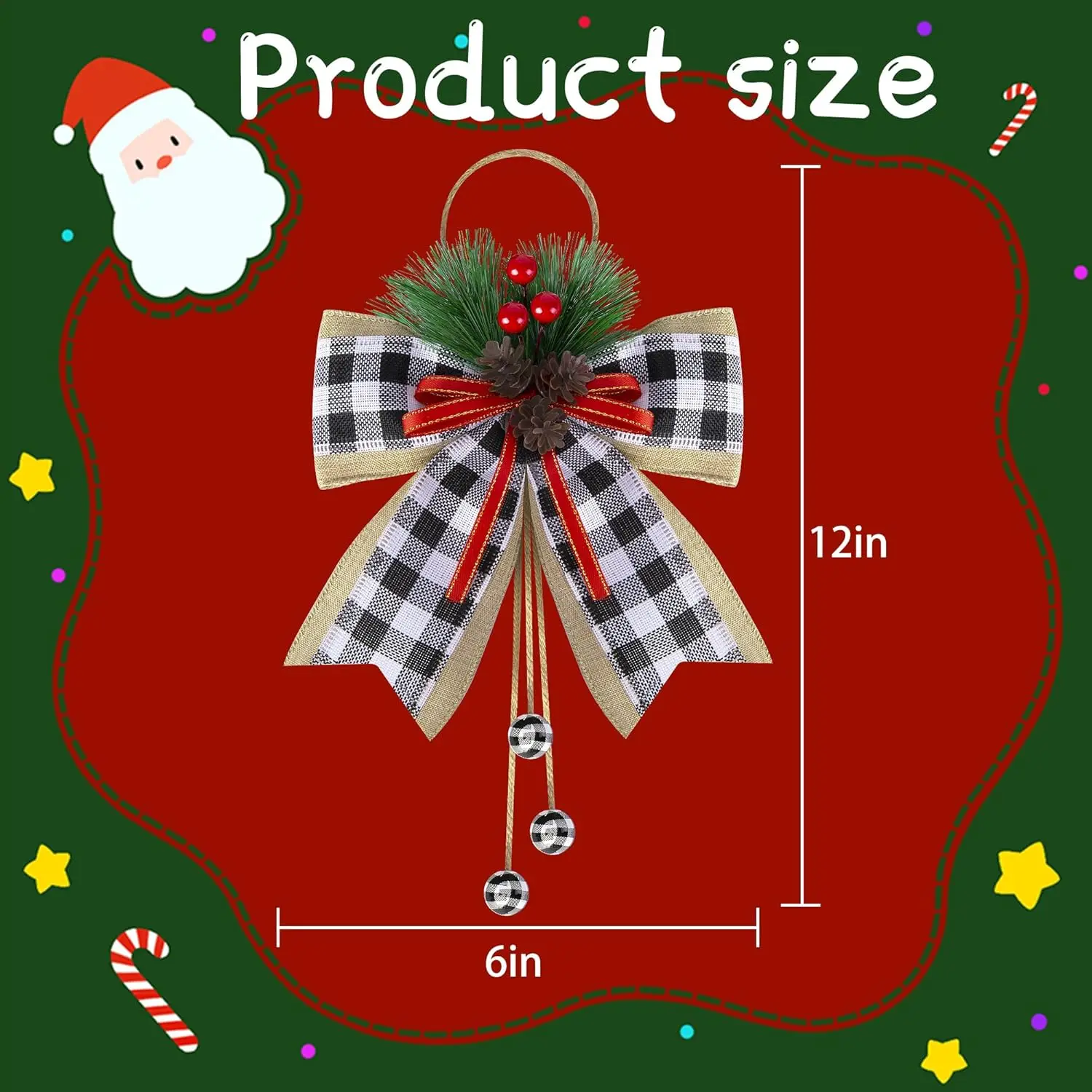 6 Pcs Christmas Burlap Plaid Bow with Pine Cones Pine Needles- Large Christmas Decoration Buffalo Plaid Bow