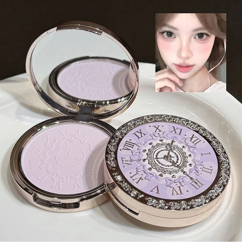 Vintage Clock Embossed Pressed Powder Compact Matte Oil Control Face Setting Powder Lasting Makeup With Mirror Portable Cosmetic