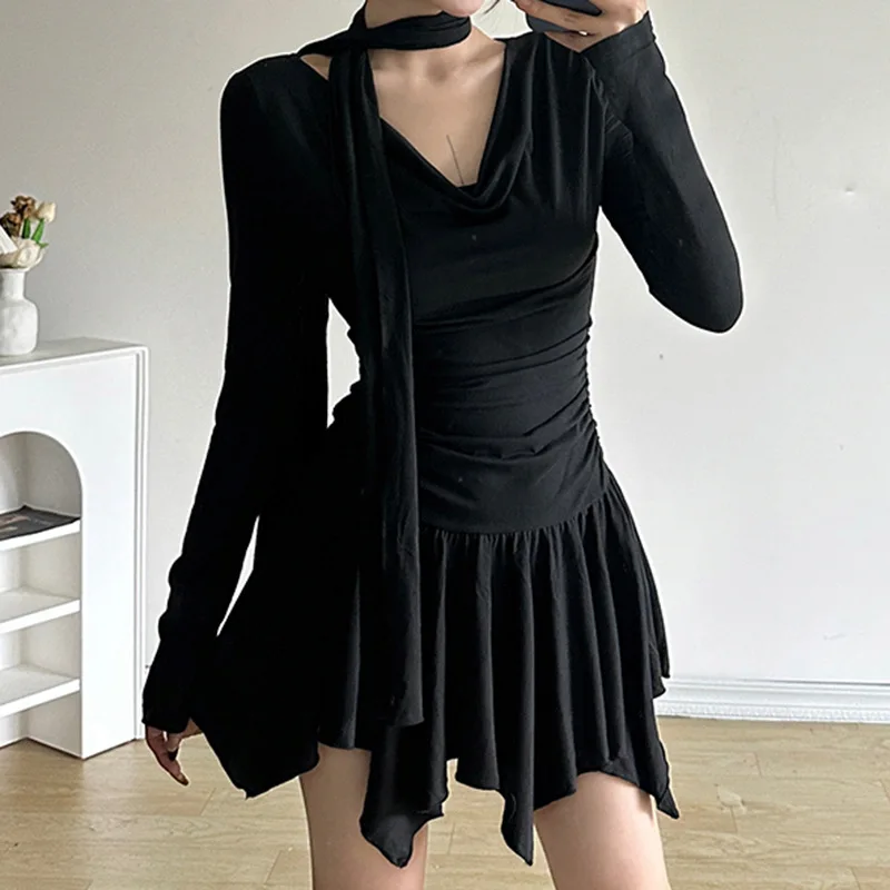 New Swinging Collar Scar Slim Fit Spicy Girl Shrinking Waist Fold Dress