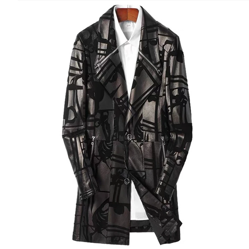 Genuine Leather Jacket Men Mid Length Suit Suede Printed Trench Coat Winter Male Slim Fit Zipper Locomotive Jaqueta Masculina