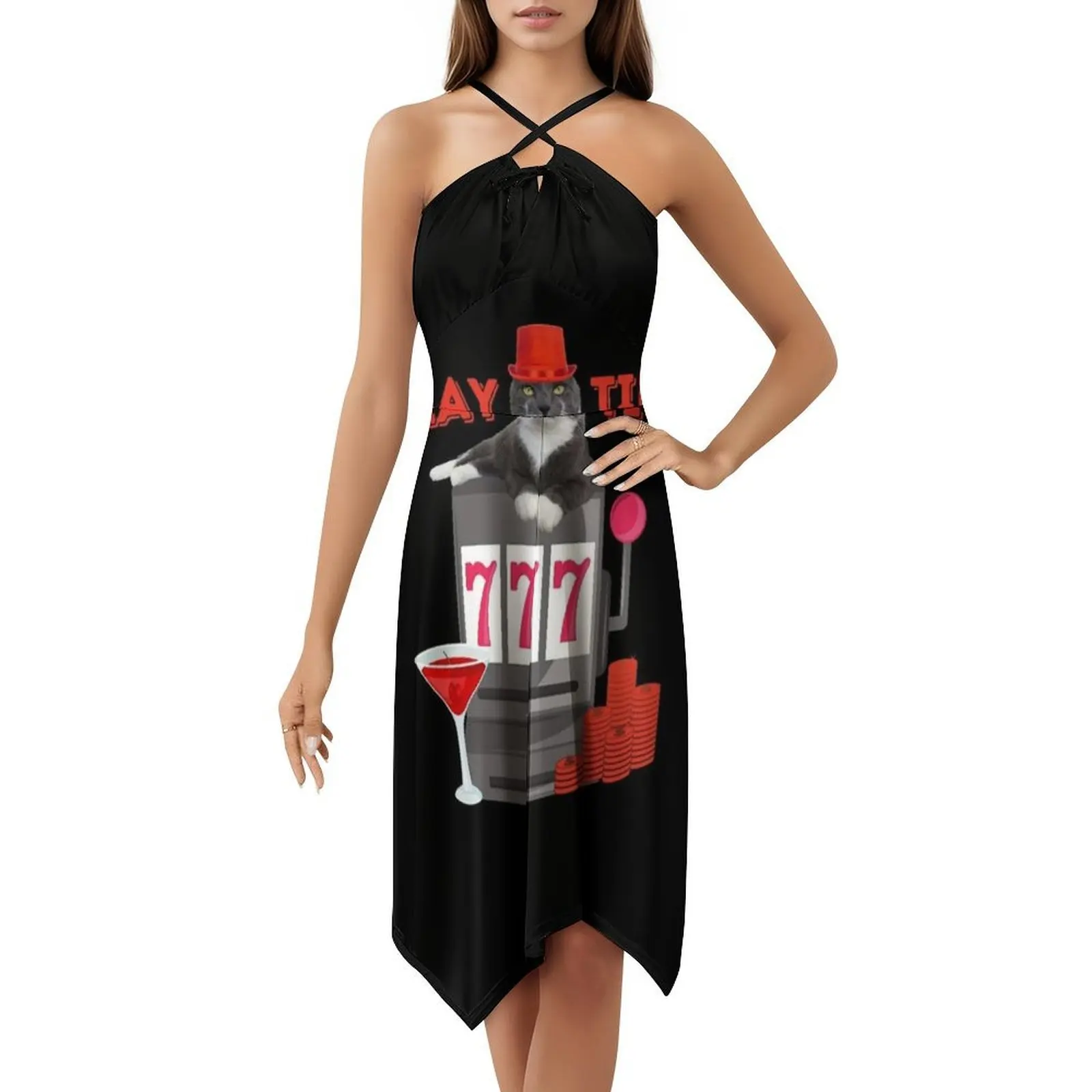 مضحك القمار القط اللعب الوقت مثير عطلة اللباس للنساء الشاطئ حزب عيد ميلاد فستان قصير مضحك فتحة آلة كازينو القمار #5
