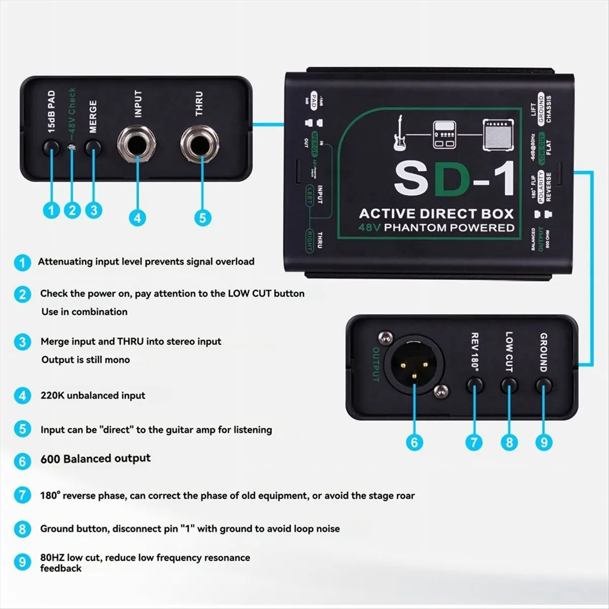 SD-1 Professional Active DI Box for Guitars Mono Instrument Direct Box Sound Enhancement for Studio and Stage