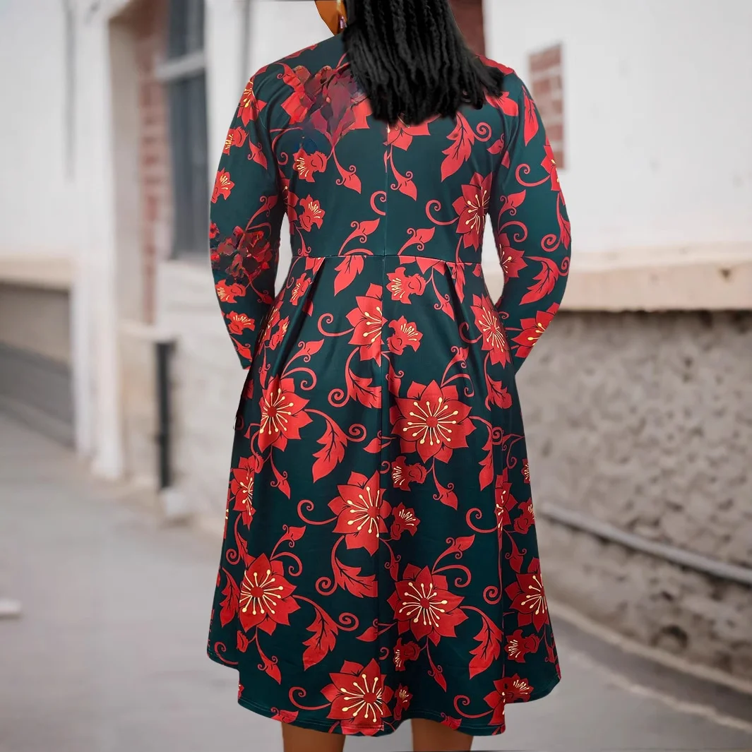 TM-024 plus size feminino manga longa em torno do pescoço vestido flor impressão estilo europeu e americano outono inverno vestido