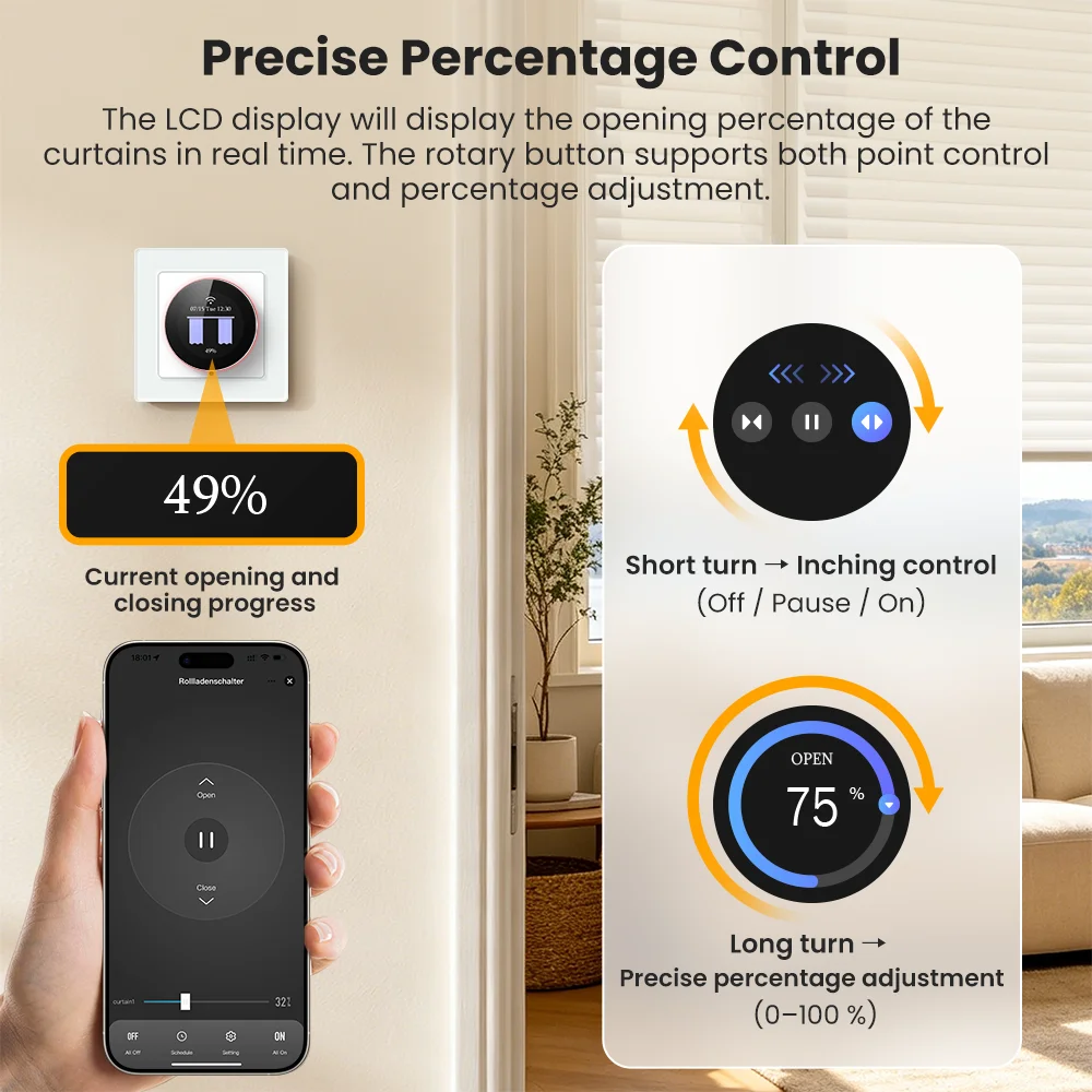 AVATTO WiFi Smart Knob Curtain Switch,With Ambient Light Ring,Precise Percentage Control,Works With Tuya Alexa Google Home Alice - view 5