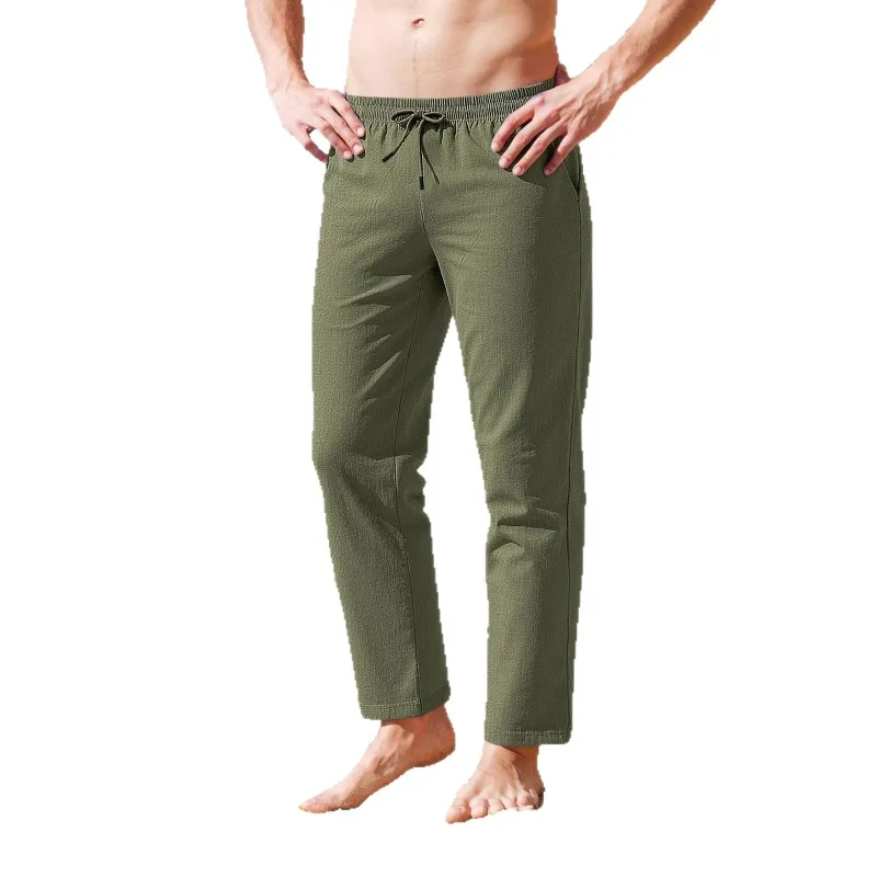 Men Cotton Linen Casual Pants Elastic Drawstring Waist Pockets Lightweight Straight Beach Long Trousers