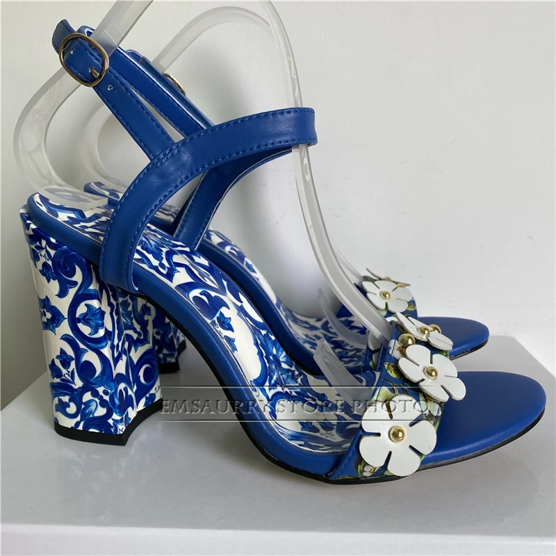 Rivet Flower Embellished Modern Sandals Women Blue And White Porcelain Print Chunky Heel Ankle Strap Summer Shoes