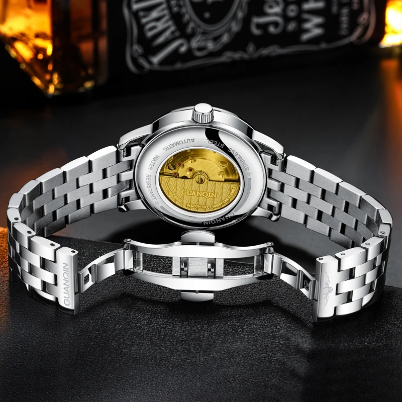 GUANQIN męskie zegarki automatyczne mechaniczne podwójne okienko kalendarza stal skórzany biznesowy rekreacyjny świecący wodoodporny zegarek na rękę