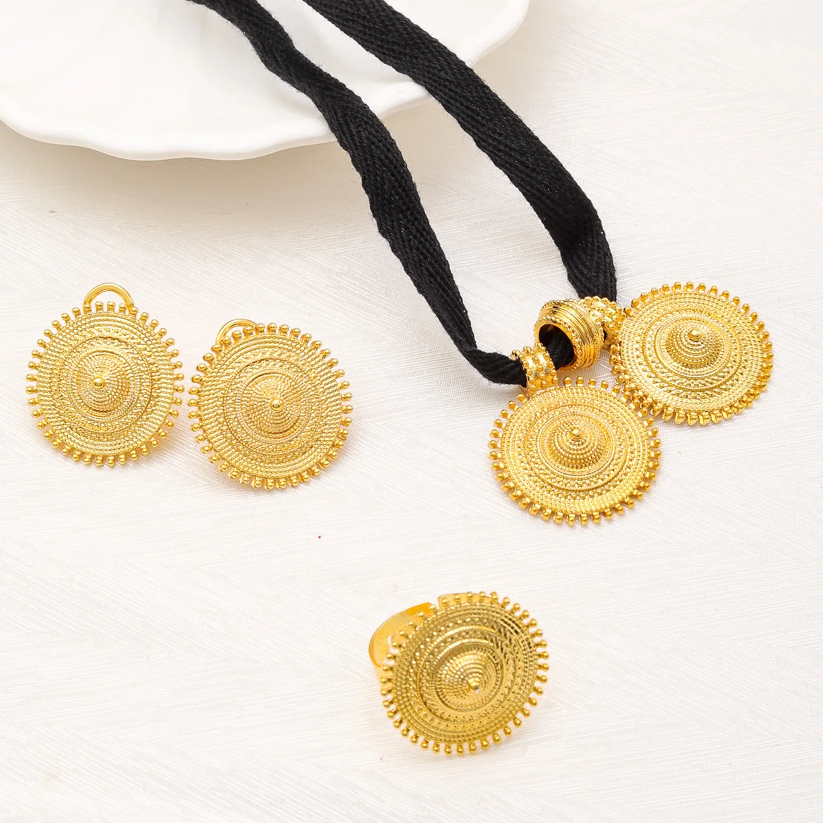 24k Gold Plated Fashion  Women Black Ribbon Choker Necklace Earrings Ring Pendant Jewelry Set For Wedding Bridal Party Gift