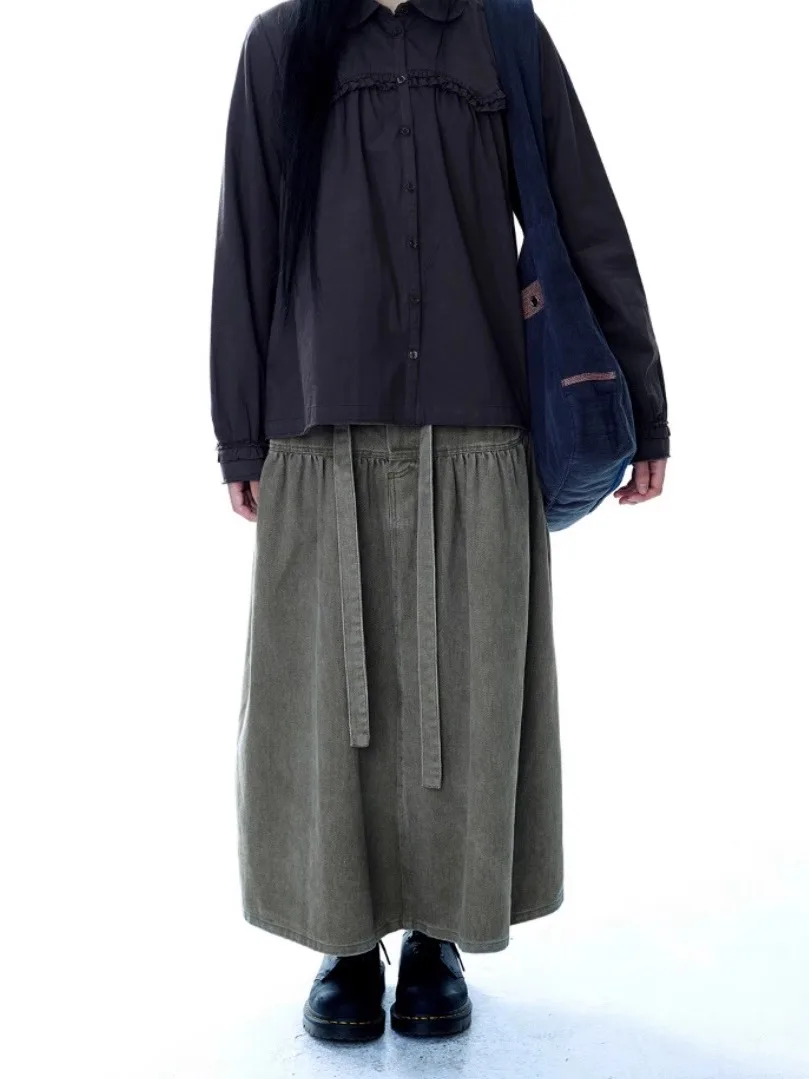 

Coyseo женская джинсовая юбка, повседневная свободная длинная юбка трапециевидной формы с высокой талией, хлопковая однотонная корейская юбка