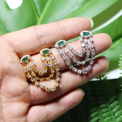 High Quality Fashion Eye Shaped Green Round Birthstone Cz Double 2 Piercing Tassel Chain Charm Stud Earrings Jewelry For Women
