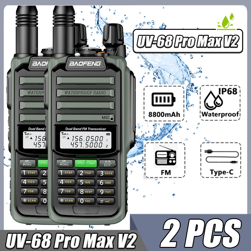 

2 PCS BAOFENG UV68 Pro Max V2 10W UHF/VHF Dual Band TypeC Charger IP68 Waterproof CB Radio Long Range Ham Radio Walkie Talkie 9R