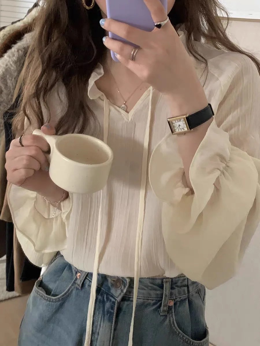 Elegant Long Sleeve Lace Base Shirt Women's Inner Wear Slimming Top Spring Fashionable Versatile Chiffon Blouse