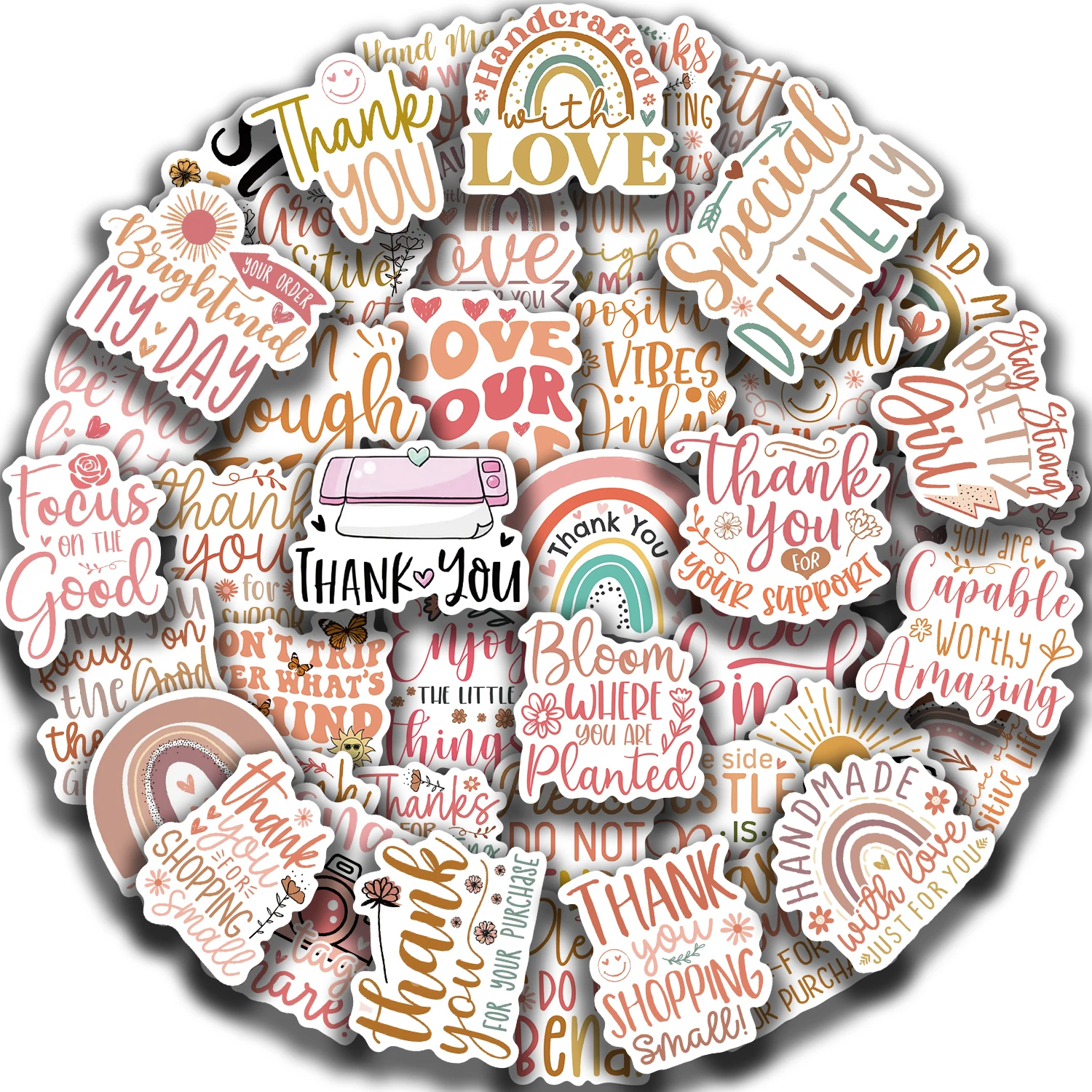 50Pcs Boho Thank You Stickers For Water Bottle Laptop Luggage Skateboard Scrapbook Decal Party Gifts Graffiti Aesthetic Sticker