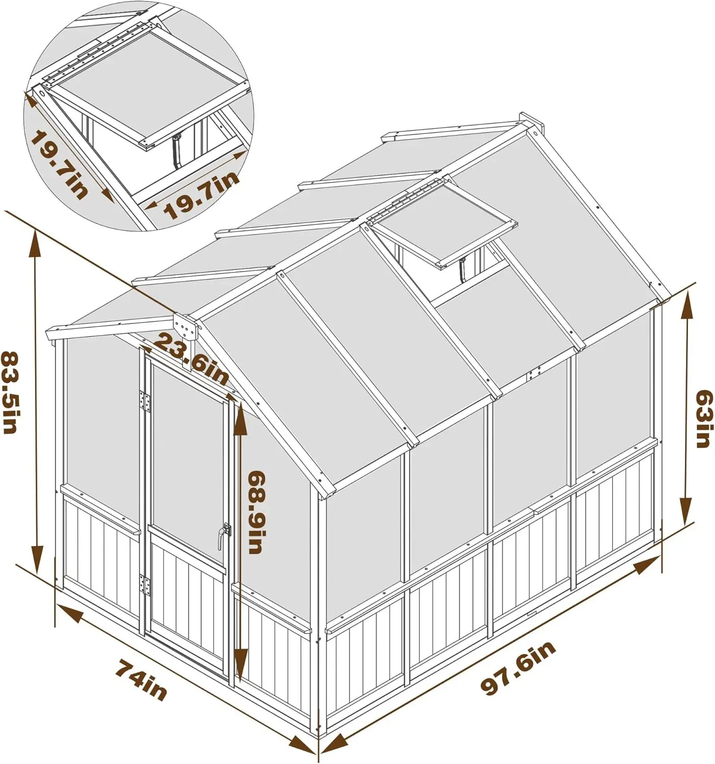 6 X 8 Ft Wooden Polycarbonate Greenhouse With Ventilated Window And Lockable Door, Walk-In Greenhouse For Backyard, Brown