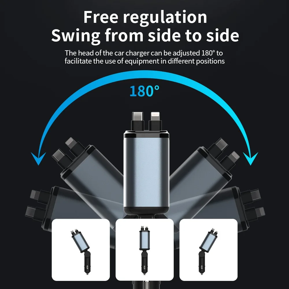 Szybka ładowarka samochodowa z wysuwanym kablem Quick Charge 3.0 Podwójne porty USB Adapter samochodowy do iPhone'a i Androida z wyświetlaczem cyfrowym