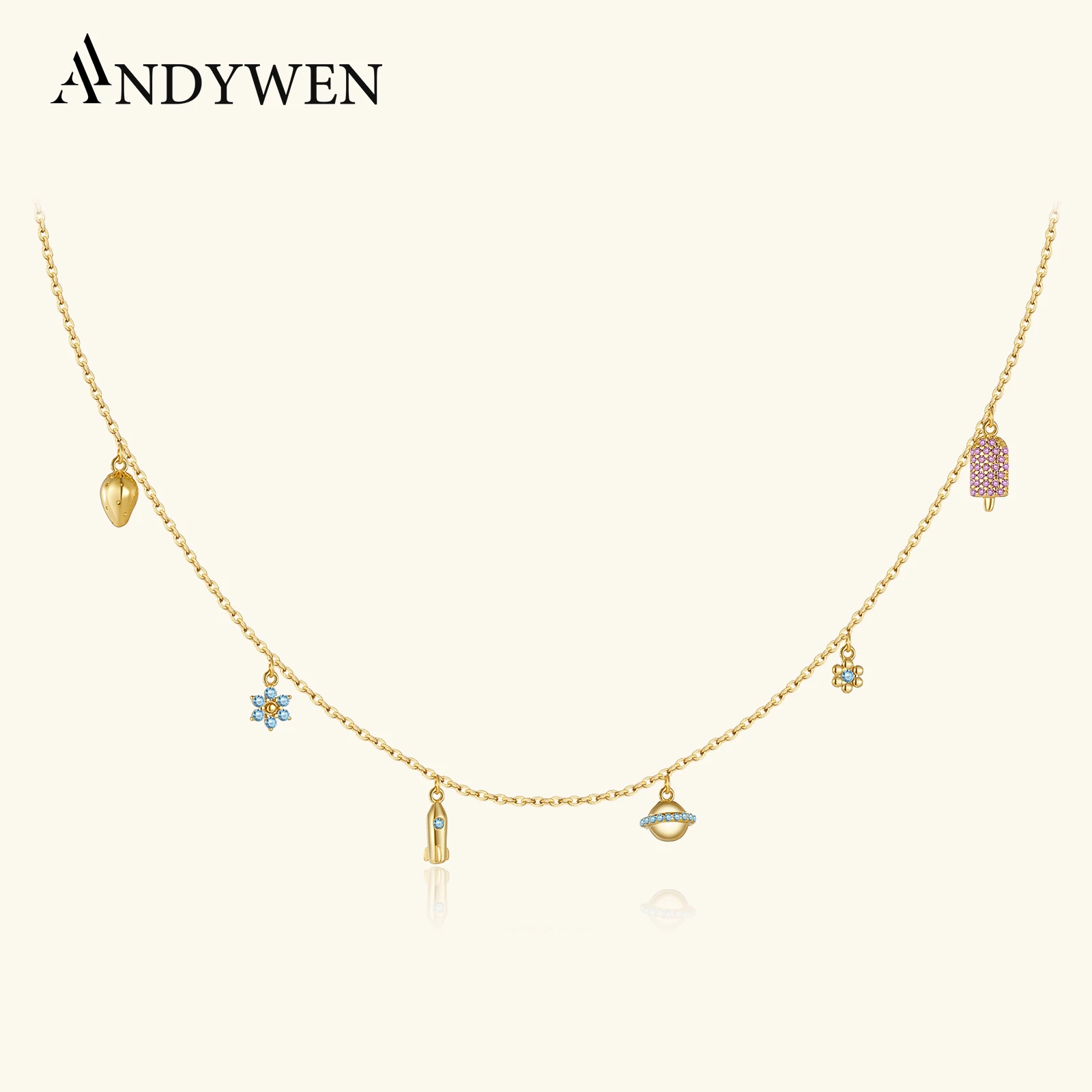 

ANDYWEN 925 Sterling Silver Gold Les Petites Gold Necklace Flower Kids Choker Chain Women Jewelry Fine Crystal Luxury Shiny
