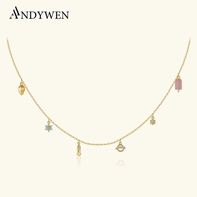 ANDYWEN Srebro Próby 925 Pozłacane Złotem Les Petites Złoty Naszyjnik Kwiat Dziecięcy Choker Łańcuszek Damska Biżuteria Elegancki Kryształ Luksusowy Błyszczący