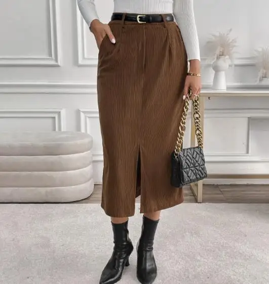 여성 스커트 2025 신상 레트로 코듀로이 하프 스커트 가을 겨울 우아한 출퇴근용 스플릿 하프 스커트