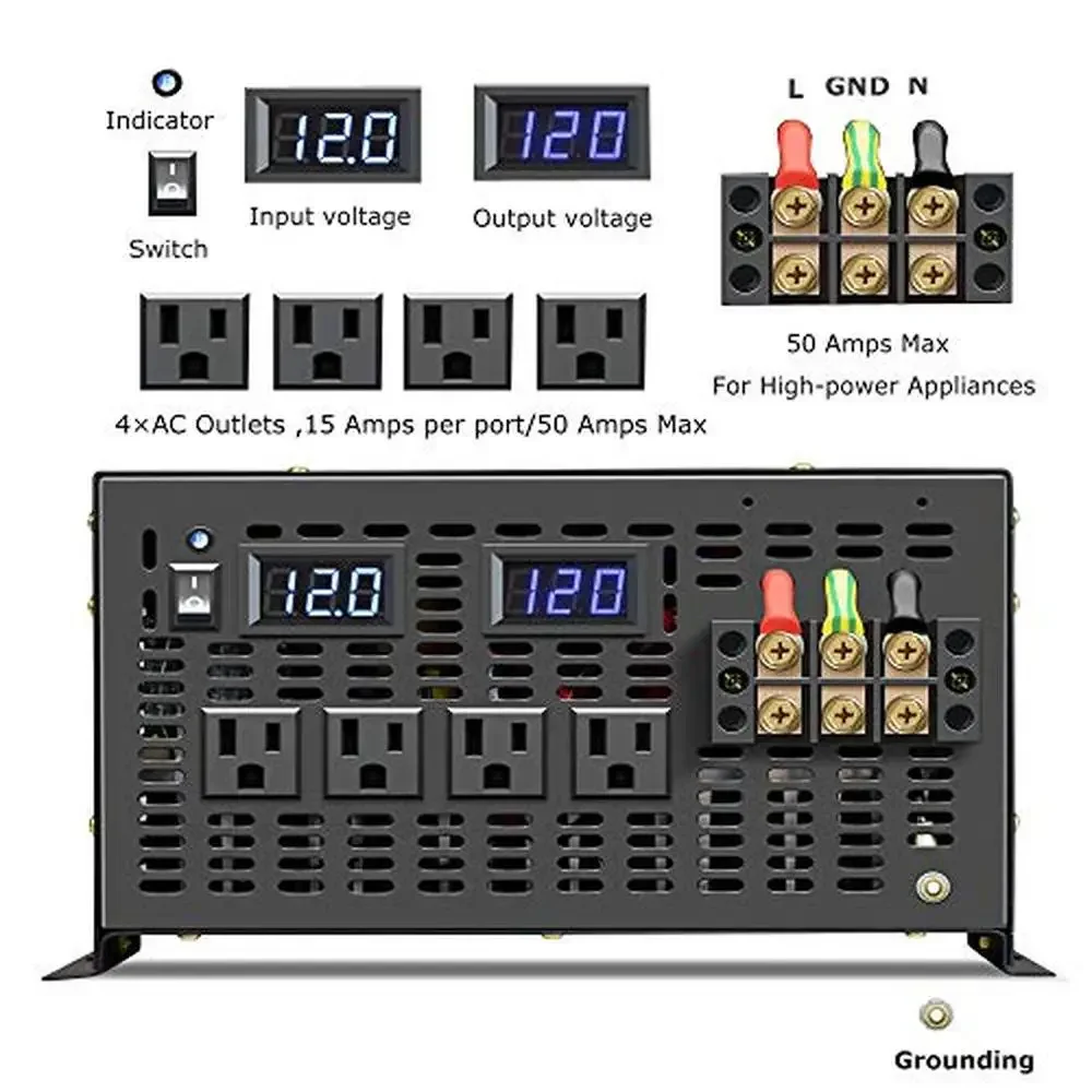 순수 사인파 인버터 발전기 리모컨, RV 태양광 안전 보호, 듀얼 콘센트 냉각 선풍기, 6000W, 12VDC 120VAC