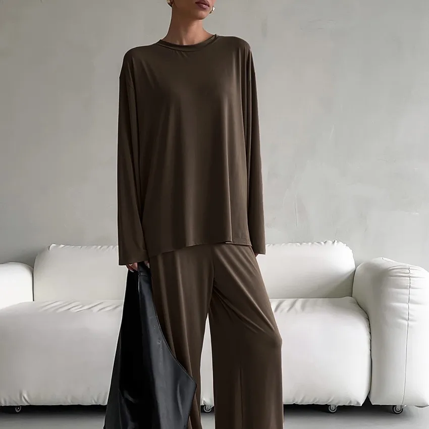 Spring Summer Women's Clothing Knit Pajamas Casual Set For Long Sleeve Full Length Pants Soft Rayon
