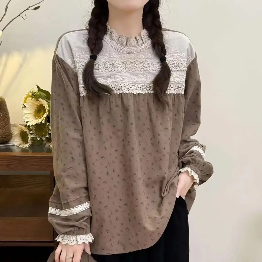 Winter clothes for women cotton yarn lace collar  patchwork print shirts and blouses mori girl Japan  printed oversized shirts