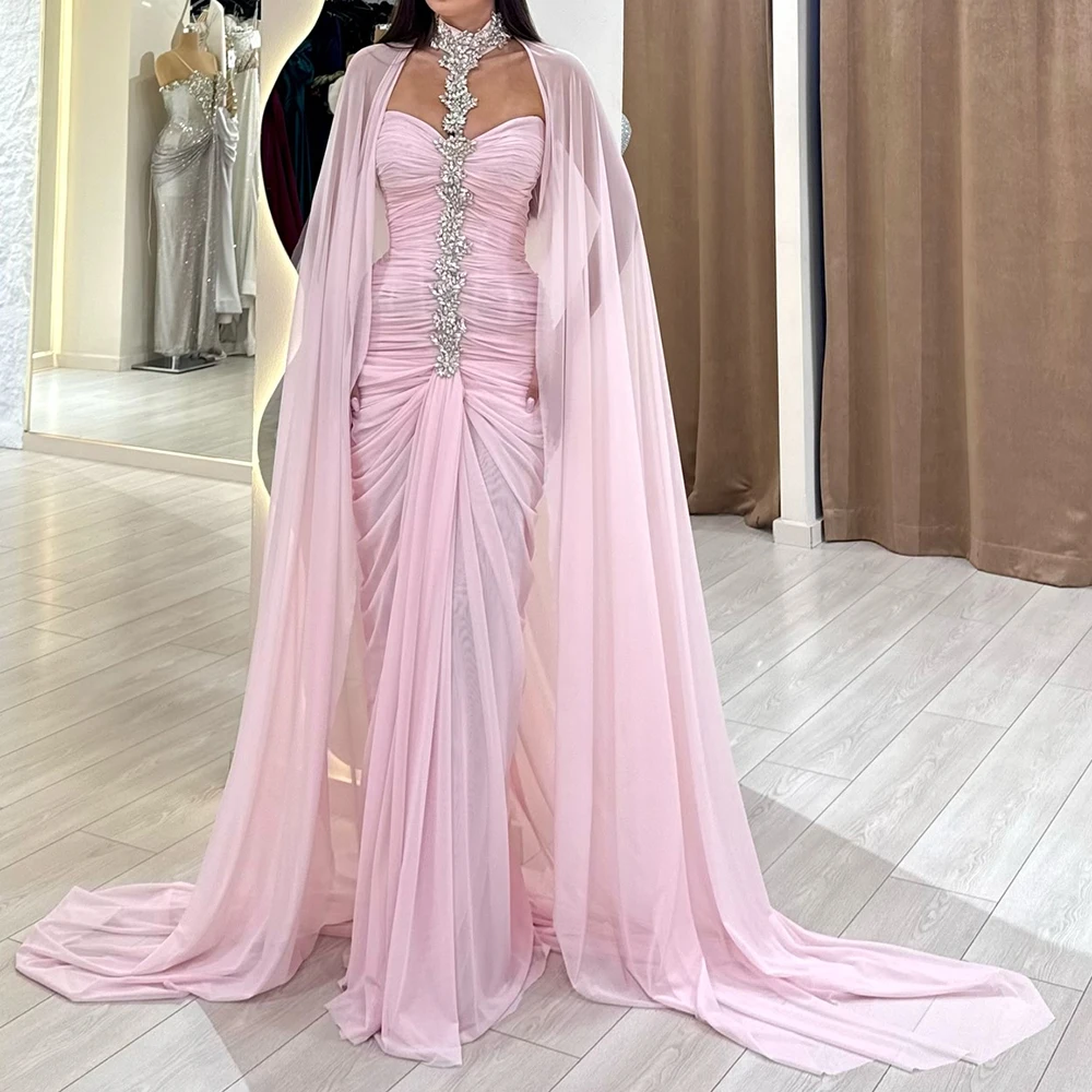 

Вечерние платья русалки по индивидуальному заказу, длиной до пола, с высоким воротом и длинными рукавами, платье для выпускного вечера, модное драпированное вечернее платье с кристаллами и складками